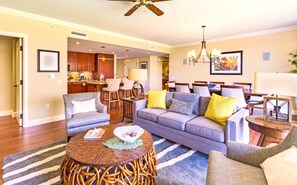 The living area boasts updated furnishings, ensuring your comfort during your stay.     HKK-349
