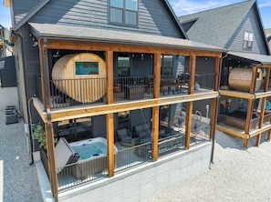 2 large back decks with barrel sauna and hot tub