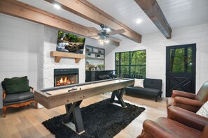 Lower level game room with shuffle board, Gas fireplace 