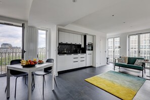The open-plan living, kitchen and dining area