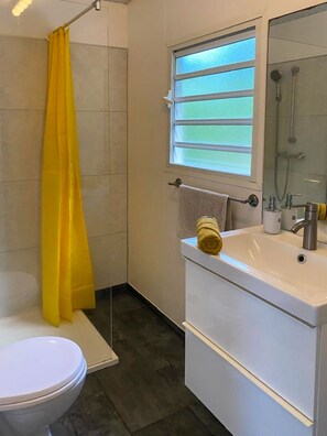 Salle de bain moderne avec douche spacieuse et WC.