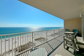 Huge balcony with polywood furniture and unobstructed beach views