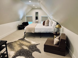 Large cozy bedroom with a/c unit, 2 fold out futons and smart tv.