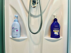 Shampoo and body soap are also provided.