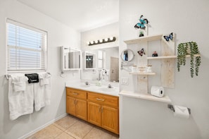 Master Bedroom Bathroom: It's all about the details! We've got you covered during your stay with thoughtful amenities, including complimentary Q-tips, cotton balls, lotion, make-up towels, and more. We’ve taken care of the little things so you can focus o
