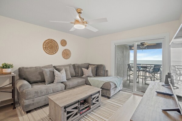 The ocean front living room is fabulous for movie night with the family.