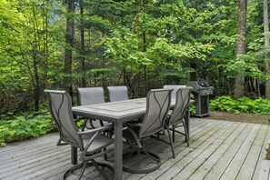 Back patio is surrounded by woods, and includes a table, chairs and propane grill