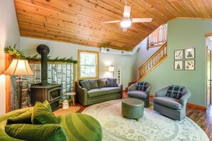 The living room seats 6.  The wood stove is not for guest use.