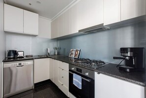 The kitchen comes well-equipped for your holiday catering and includes a coffee machine for slow mornings at home.
