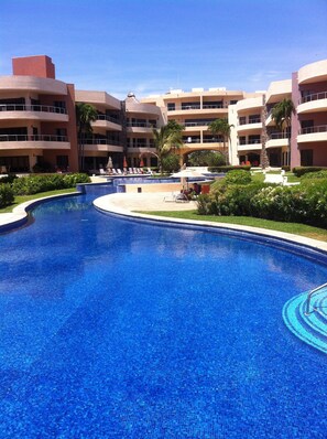 View from the beach towards the complex entry.