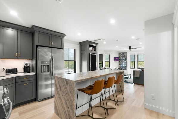This chic dining area is perfect for casual meals and conversations with friends