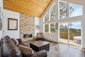 Living room with amazing mountain views, fireplace and a sofa sleeper.
