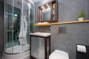 Bathroom with shower.