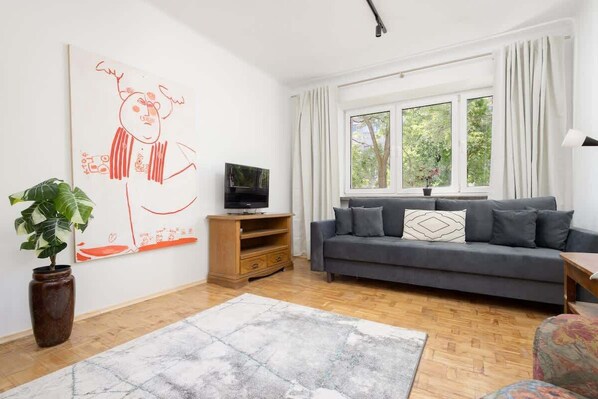 Bedroom with double sofa bed.