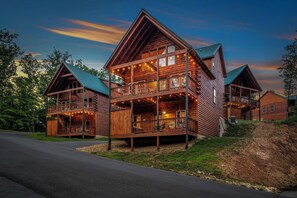 Twilight magic at our cabin—where the evening glow sets the perfect mood.