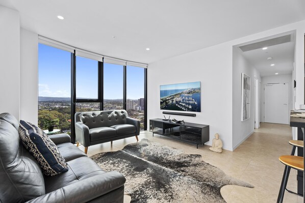 The elegant and cozy living area for the guests to relax