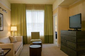 Spacious living area in the premier suite, featuring comfortable seating, modern amenities, and a cozy atmosphere.