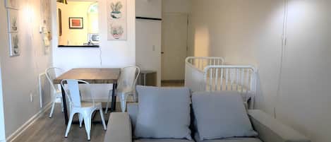Spacious living room with a 9' ceiling, 43" TV, convertible sofa-bed, loveseat.