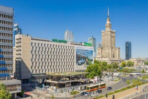 View from the window of the city skyline with the Palace of Culture and Science.