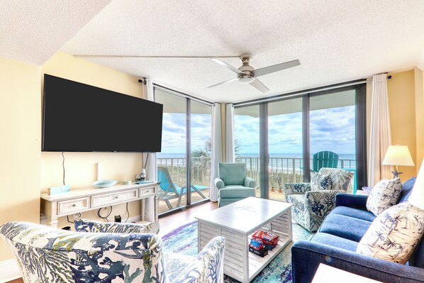 The ocean front living room is fabulous for movie night with the family.