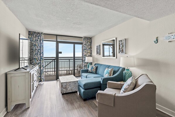 The ocean front living room is fabulous for movie night with the family.