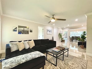 Living room, 55” Smart HDTV, Ceiling Fan