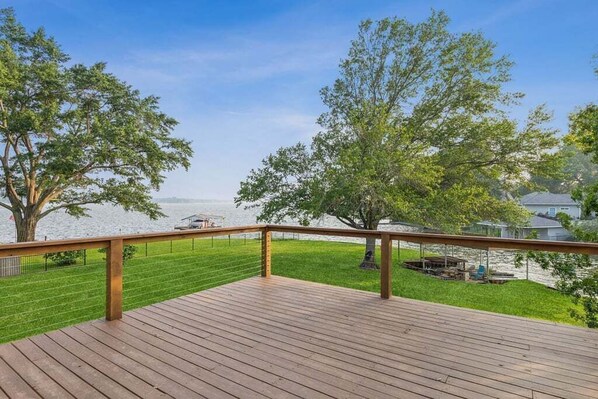 Large double level deck with lake views