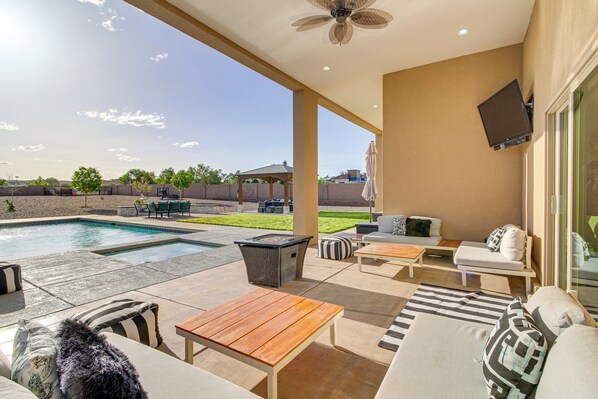 Covered Patio | Fire Pit Table | Single-Story Home