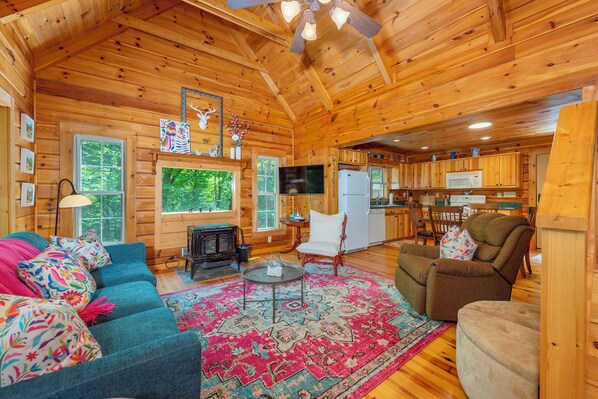 Living room with a pellet stove and a 43" Smart TV (streaming and DVD player). Note: The pellet stove is only usable during the cooler months (October-April).