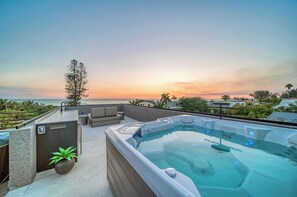 Rooftop Terrace with Hot Tub, Dining, Fire table, and Immaculate Gulf of Mexico Views
