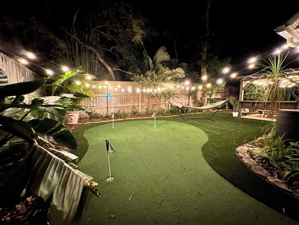 Huge, professional 4-hole putting green leads into a turf backyard.
