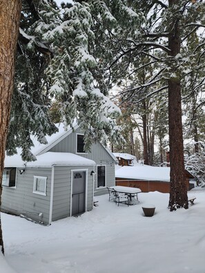 Backyard patio in winter after snowfall
(Snow on the ground not guaranteed)