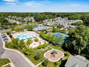 Walk in pool, kid fountain, pool chair canopies, pickleball, gym and playground.