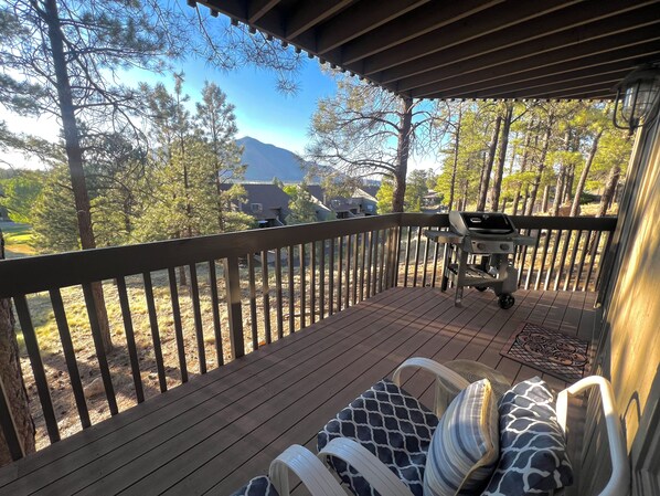 Grill and outdoor seating on private covered deck with Mountain View’s.