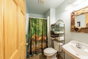Bathroom

The Spruce bathroom has a shower, sink, & toilet.  Towels & toilet paper provided.  Complimentary soap is provided as well. 