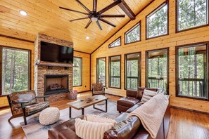 Living Room | 2-Story Cabin | Indoor & Outdoor Fireplaces