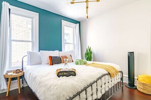 Bright and Spacious: Enjoy a king bed, queen bed, and a pack/play crib in our spacious bedroom. Room-darkening shades and white noise machines ensure a peaceful night's sleep, Drift into dreamland in our cozy bedroom oasis, where comfort meets tranquility. Serene Sanctuary it is!