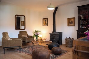 lounge with wood burning stove.