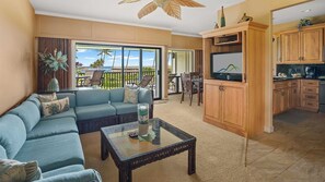 Poipu Sands at Poipu Kai Resort #126 - Ocean View Living Room & Lanai - Parrish Kauai