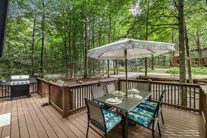 Pocono Lake Rental - Deck with BBQ grill, outdoor table, umbrella and seating