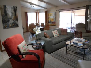 Living Room Sofa, Recliner, White leather Chair & Ottoman