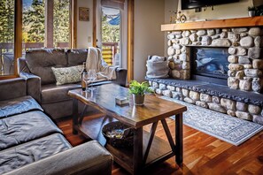 Living room with gorgeous rock fireplace