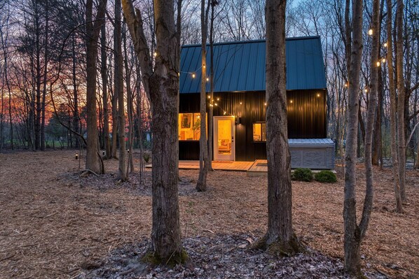 Main cabin contains the living room, large TV, dining table and am. Kitchen