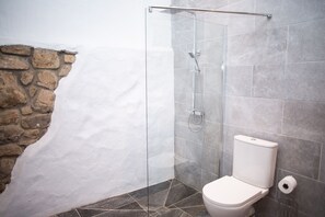 En suite wet room with electric shower, WC and feature stone wall