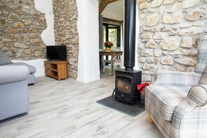 Living room with wood burner