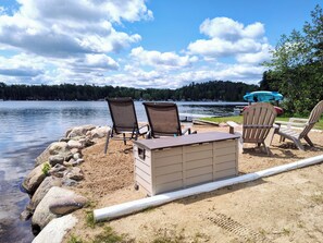  2 kayaks  lounge chairs clean beach crystal clear Lake swimming area 