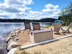 2 kayaks lounge chairs clean beach crystal clear Lake swimming area