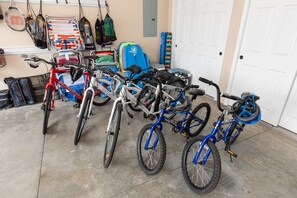 Lots of great beach gear and bikes for the family inside of the garage