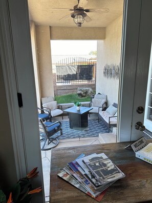 View of upper patio from living room