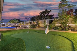 Practice your golf skills alongside our outdoor fire pit while your party takes a dip in our gorgeous heated pool! Featuring numerous outdoor games such as Corn Hole, Jenga, Board Games and more.